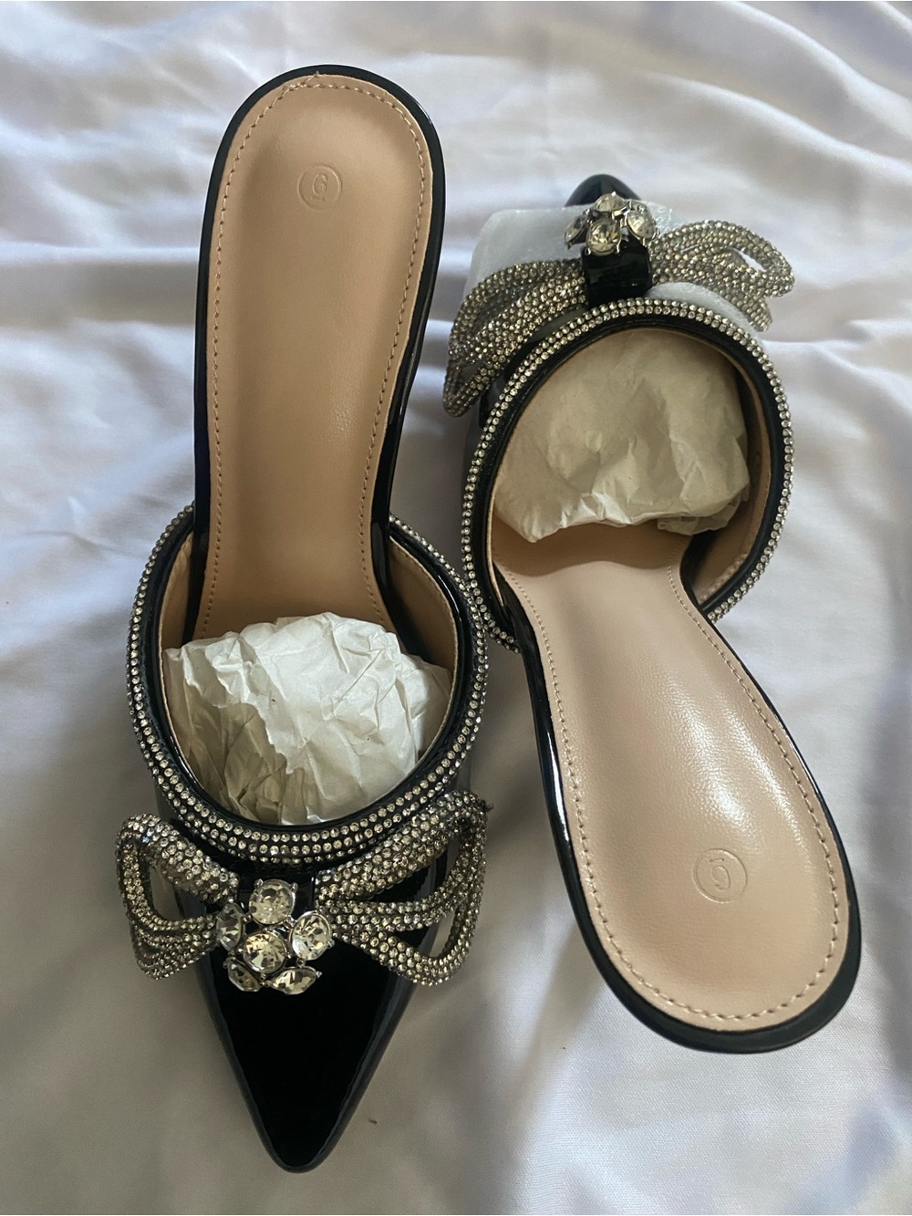 Embellished Black Pointed Toe Slip-On Mule